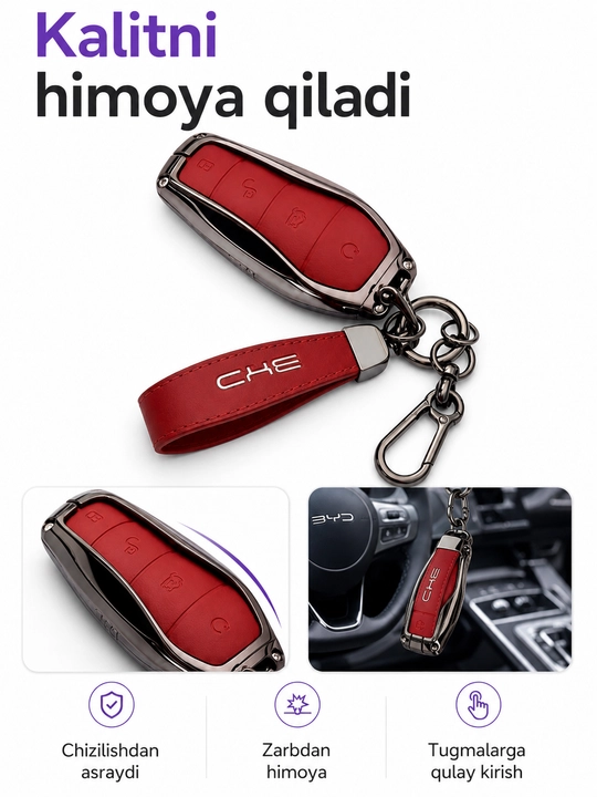 BYD kalit g‘ilofi metall ramkali 360° himoya charm chixol brelok bilan