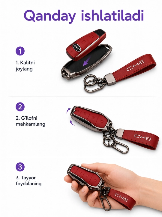 BYD kalit g‘ilofi metall ramkali 360° himoya charm chixol brelok bilan