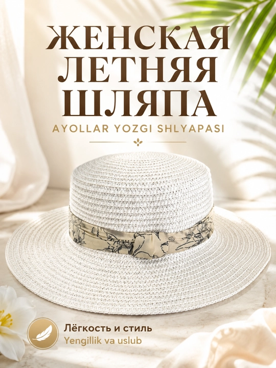 Ayollar yozgi shlyapasi, keng hoshiyali va lentali, quyoshdan saqlovchi - 