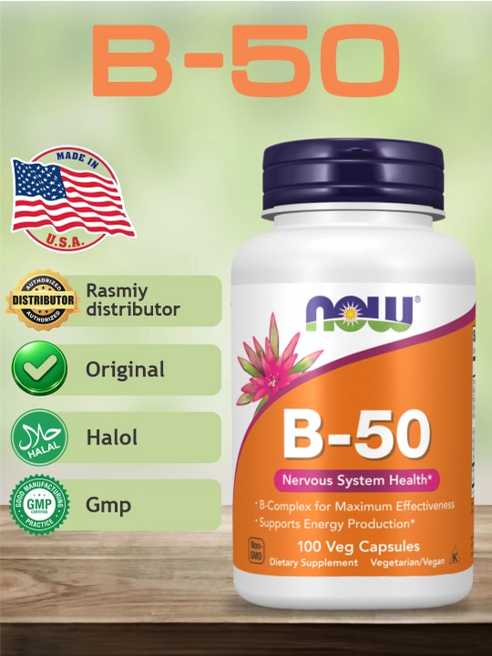 NOW Supplements, Vitamin B-50 mg, asab tizimining salomatligi, Halol - 