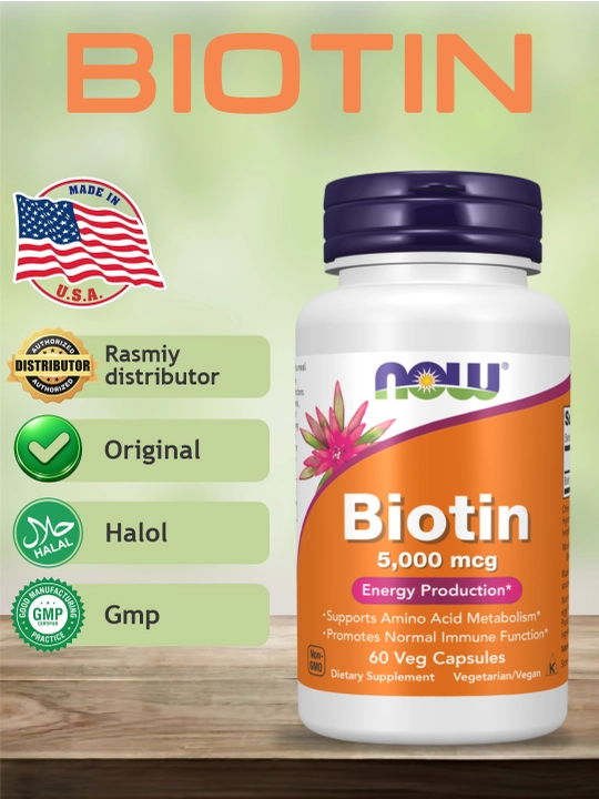 Капсулы NOW Supplements, Биотин 5000 мкг, метаболизм аминокислот, Халяль - 