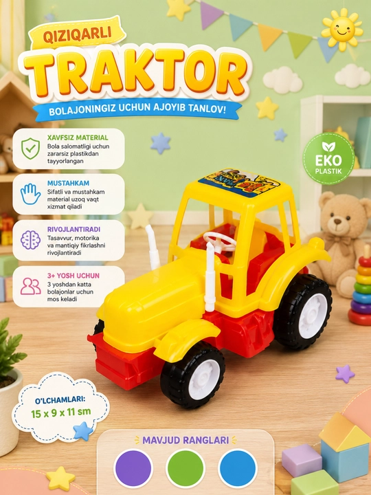 Bolalar uchun o‘yinchoq traktor, erkin harakatlanuvchi maxsus texnika modeli - 