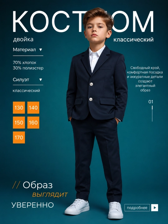 Школьный костюм для мальчиков, пиджак и брюки - 