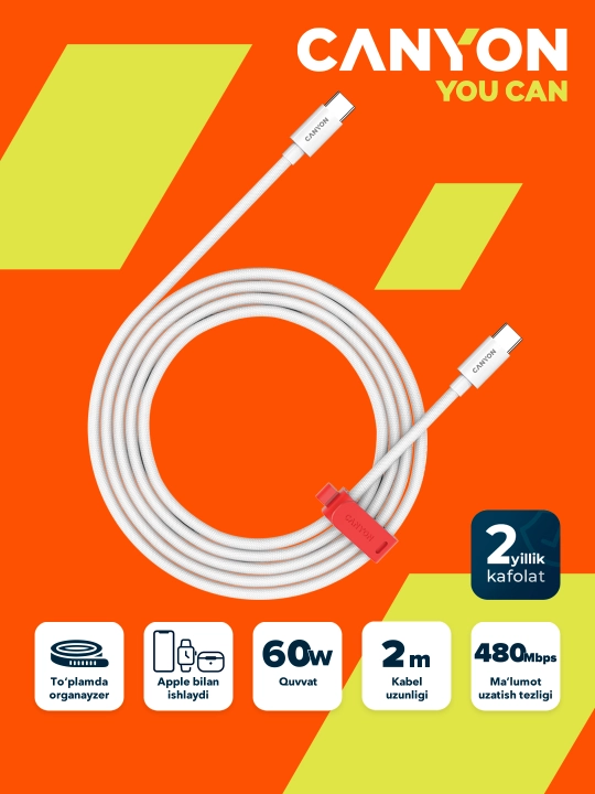 CANYON USB Type-C USB Type-C kabel, 1,2 metr, 2 metr, 60 Vt - 