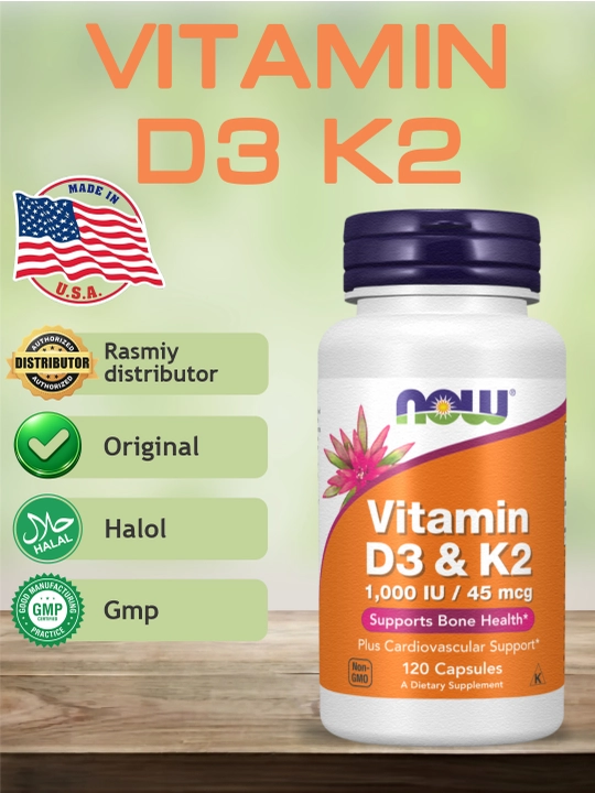 NOW FOODS, Витамин D3 и K2, 1000 ME / 45 мкг, 120 капсул, Халяль - 