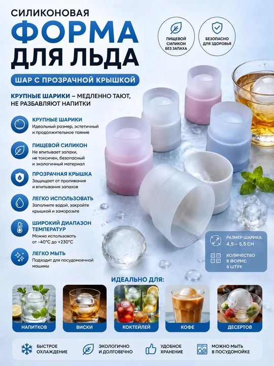 Силиконовая форма для льда шар с прозрачной крышкой, крупные шарики - 
