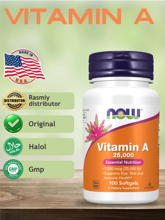 Kapsulalar Now Supplements, Vitamin A 10000 ME va 25000 ME, 100 dona,