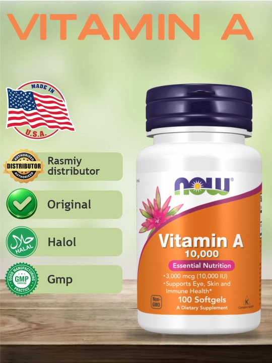 Kapsulalar Now Supplements, Vitamin A 10000 ME va 25000 ME, 100 dona, - 