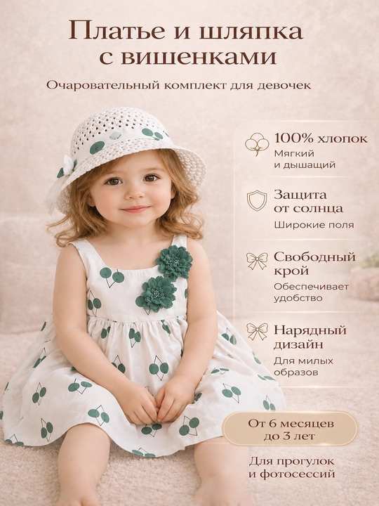 Одежда для новорожденных, летние платье со шляпой - 