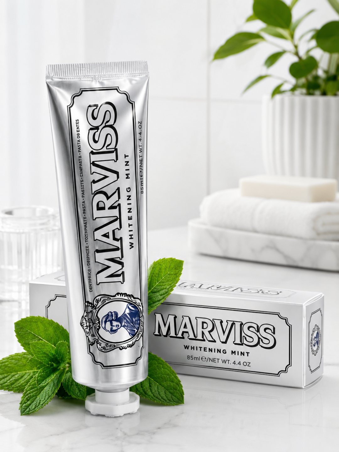 Marviss Whitening Mint yalpizli oqartiruvchi tish pastasi, 85 ml, kundalik parvarish uchun