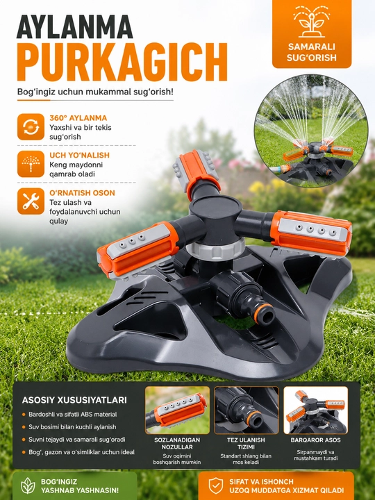 Bog‘ va hovlini sug‘orish uchun 360° aylanadigan sprinkler sug‘orish moslamasi - 