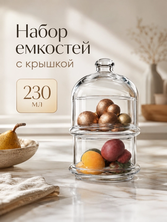 Набор многоярусных стеклянных ёмкостей с крышкой PASABAHCE VILLA PATISSERIE, 230/505 мл