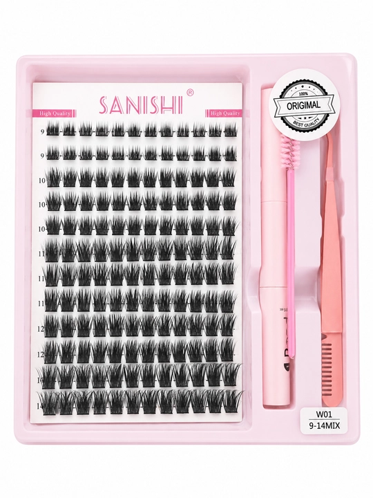 Sun'iy kipriklar to'plami SANISHII 9–14 mm MIX, pinset va aksessuarlar bilan