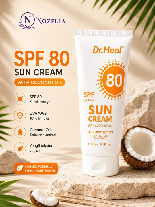 Солнцезащитный крем Dr. Heal Sun Cream SPF 80 PA+++, витамин E, кокосовое масло, 150 мл - 