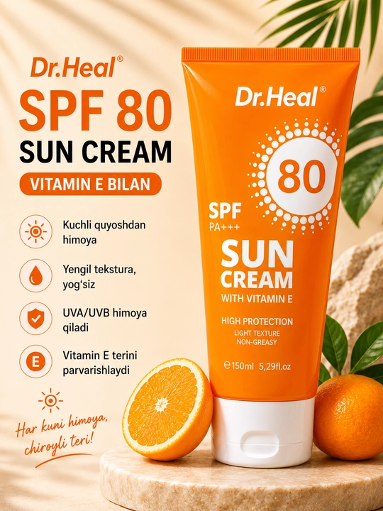 Солнцезащитный крем Dr. Heal Sun Cream SPF 80 PA+++, витамин E, кокосовое масло, 150 мл - 