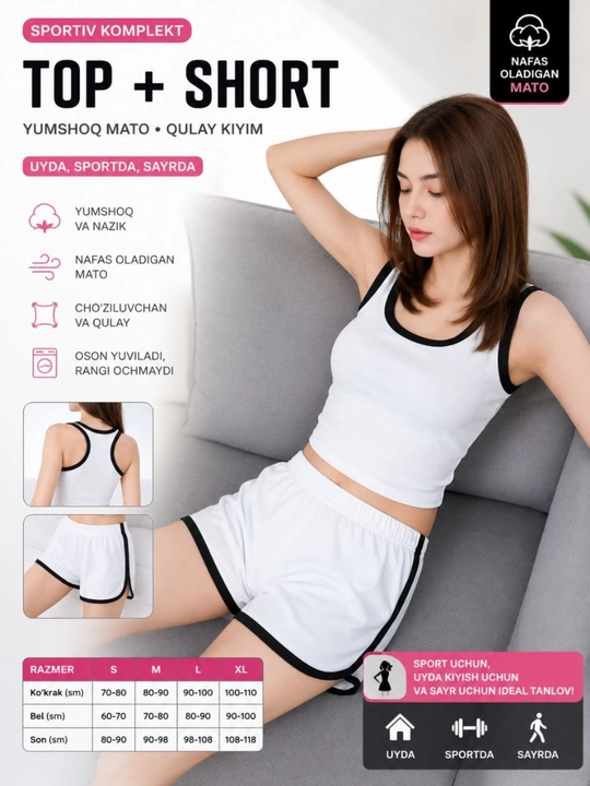 Ayollar uchun sportiv komplekt — top + short, yozgi qulay kiyim