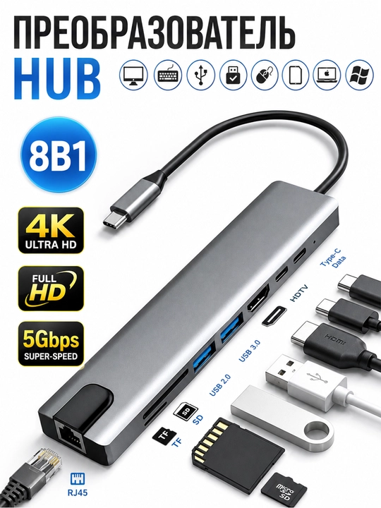 USB hub 3.0 Type-C, 8 ta port va kartrider bilan - 
