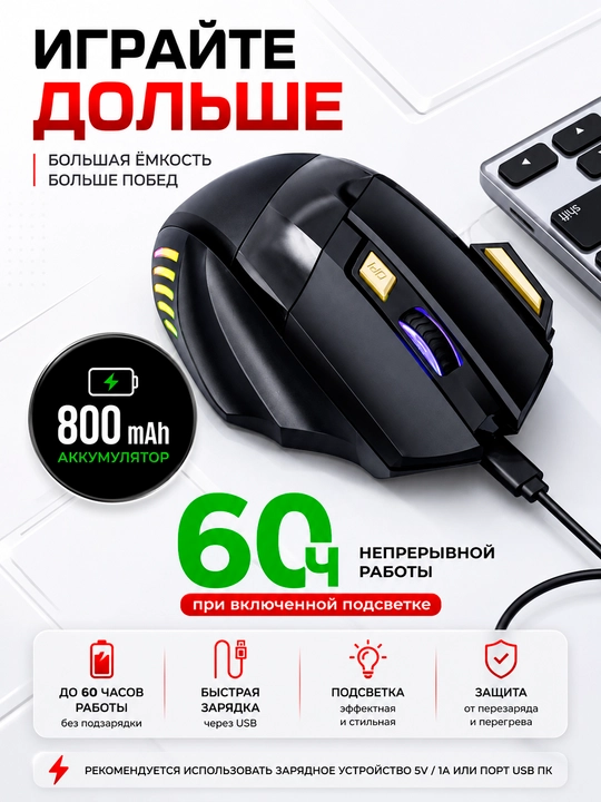 Мышка для компьютера, беспроводная с RGB подсветкой и Bluetooth