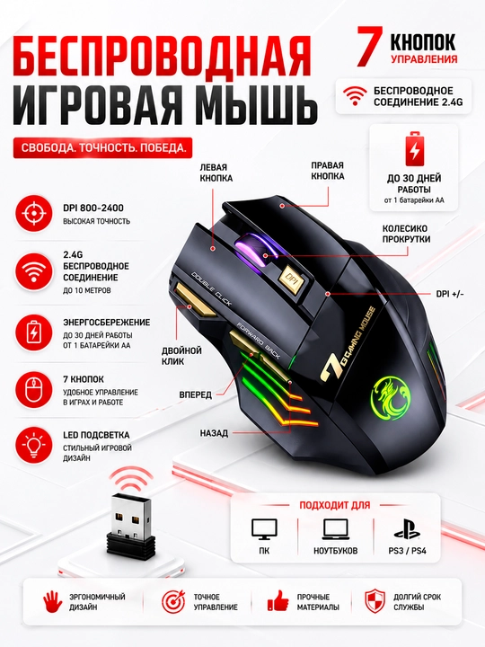 Мышка для компьютера, беспроводная с RGB подсветкой и Bluetooth
