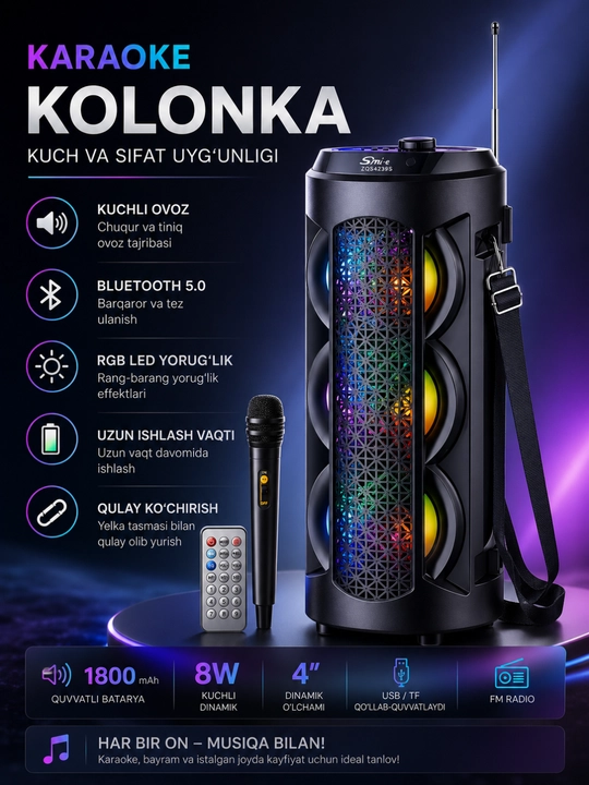 Mikrofon, RGB LED va masofadan boshqarish pulti bilan jihozlangan ZQS4303 Bluetooth karaoke karnay - 