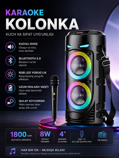 RGB LED, mikrofon va DU pulti bilan jihozlangan ko‘p funksiyali Bluetooth karaoke karnay - 