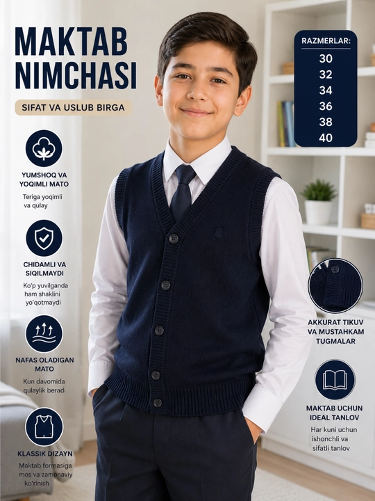 O‘g‘il bolalar to‘q ko‘k maktab nimchasi, klassik jilet, sifatli maktab formasi