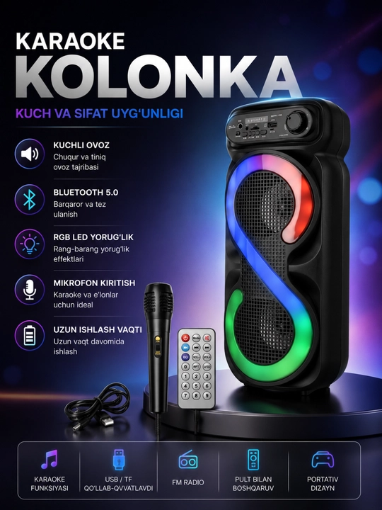 Mikrofon, RGB LED va DU pulti bilan jihozlangan ko‘p funksiyali Bluetooth karaoke karnay - 