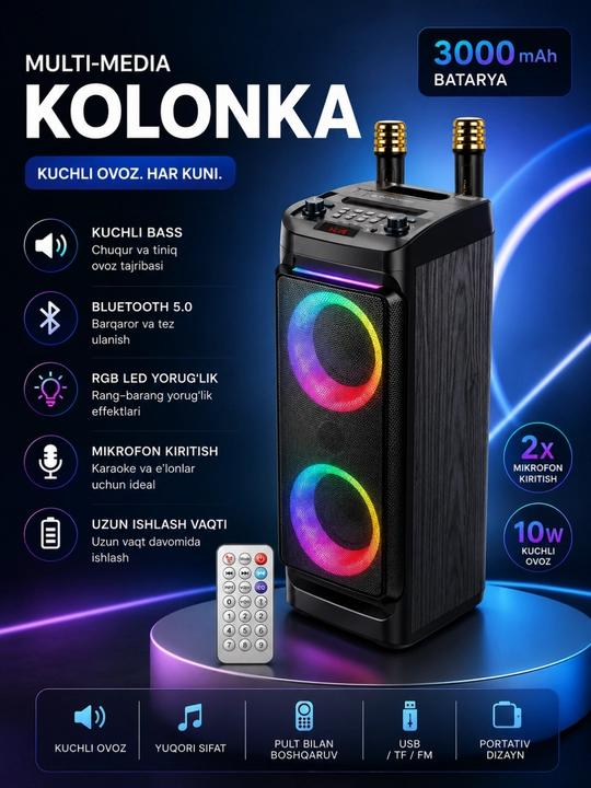 RGB LED, ikkita simsiz mikrofon va pultli 3000 Vt quvvatli Bluetooth karaoke karnay - 