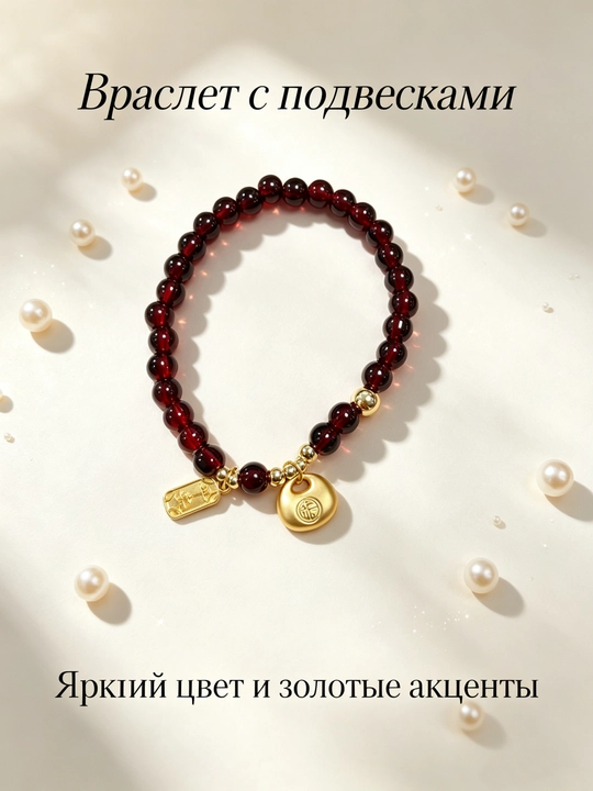 Браслет из гранатовых бусин с золотыми подвесками – женский, подарок