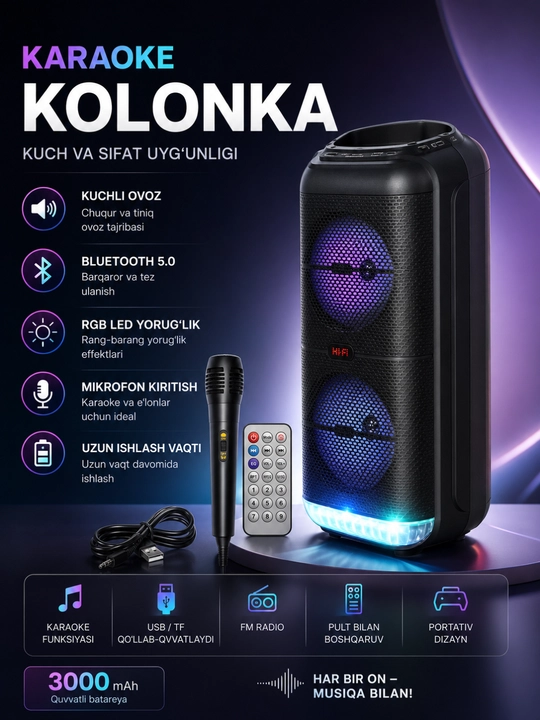 RGB LED, mikrofon va USB/TF bilan jihozlangan 3000 Vt quvvatli premium Bluetooth karaoke karnay - 