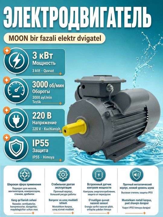 3 kVt, 220 V, 3000 ayl/min quvvatli bir fazali MOON elektr dvigateli - 