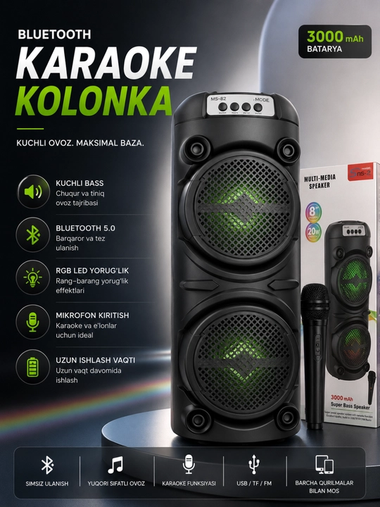 RGB LED, mikrofon va USB/TF bilan jihozlangan 3000 Vt quvvatli Bluetooth karaoke karnay - 