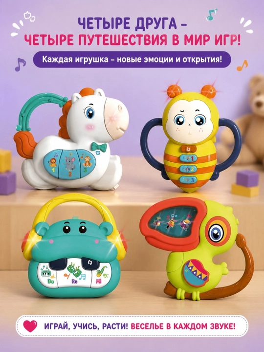 Музыкальная игрушка для малышей 4 вида, свет, звук, сказки, песни, Русская озвучка
