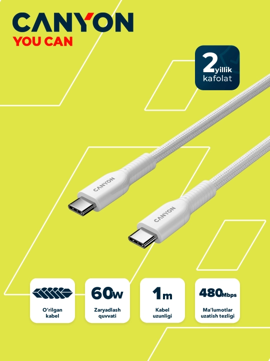 Kabel CANYON OnWire 60CL, USB Type-C USB Type C, 1 metr, 60 Vt - 