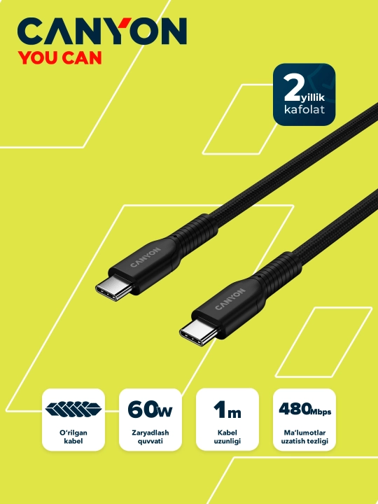 Kabel CANYON OnWire 60CL, USB Type-C USB Type C, 1 metr, 60 Vt - 