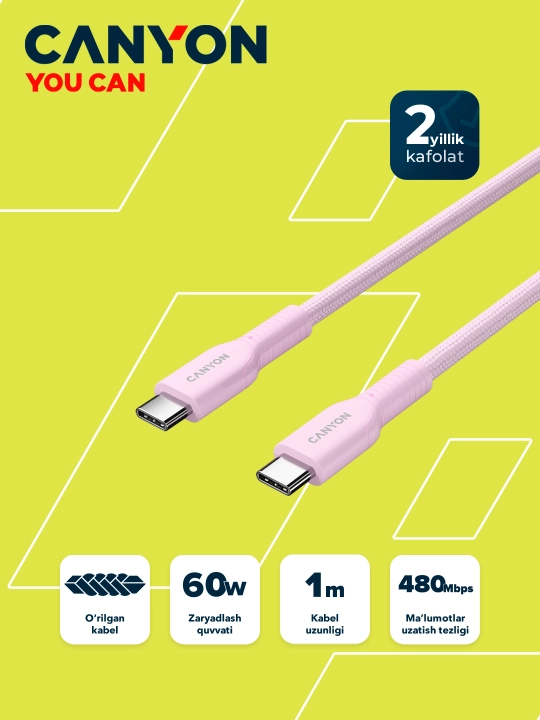 Kabel CANYON OnWire 60CL, USB Type-C USB Type C, 1 metr, 60 Vt - 