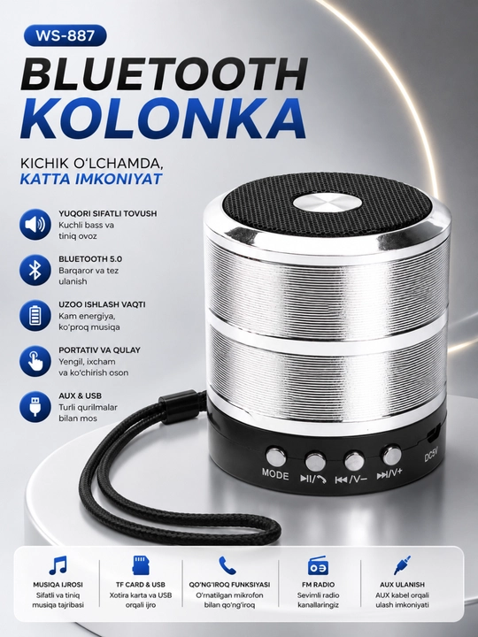 WS-887 Bluetooth Kolonka Simsiz Karnay FM Radio USB TF AUX Portativ Dinamik Qora - 