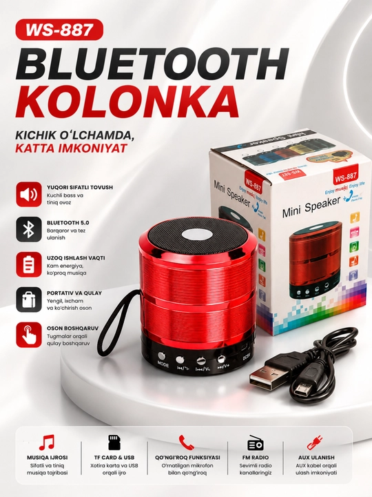 WS-887 Bluetooth Kolonka Simsiz Karnay FM Radio USB TF AUX Portativ Dinamik Qora - 