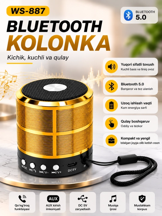 WS-887 Bluetooth Kolonka Simsiz Karnay FM Radio USB TF AUX Portativ Dinamik Qora - 