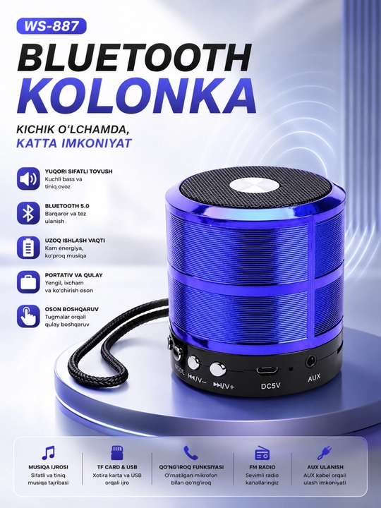 WS-887 Bluetooth Kolonka Simsiz Karnay FM Radio USB TF AUX Portativ Dinamik Qora - 