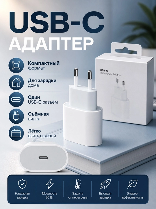 Зарядный адаптер USB-C 20W для iPhone, быстрая зарядка 