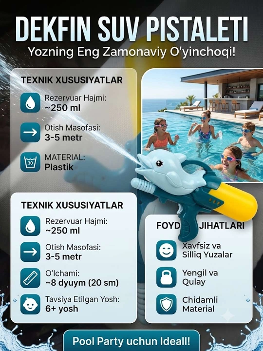 Водяной пистолет, автомат бластер для детей, ударопрочный, летний, для бассейна, для улицы