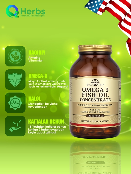 Omega-3 baliq yog‘i konsentrati, Solgar, 120 kapsula - 