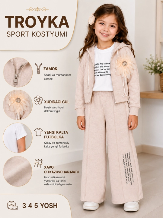 Спортивный костюм тройка для девочек, худи, футболка и брюки, 3–5 лет