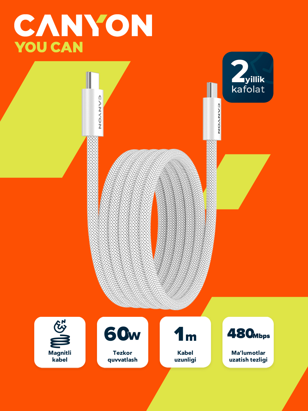 Magnitli kabel CANYON OnWire 60MG, USB Type-C USB Type C, 1 metr, 60 Vt - 
