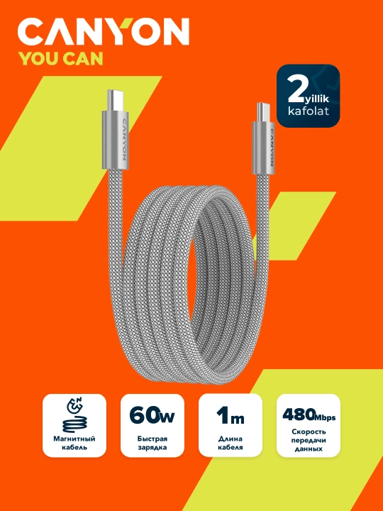 Magnitli kabel CANYON OnWire 60MG, USB Type-C USB Type C, 1 metr, 60 Vt - 