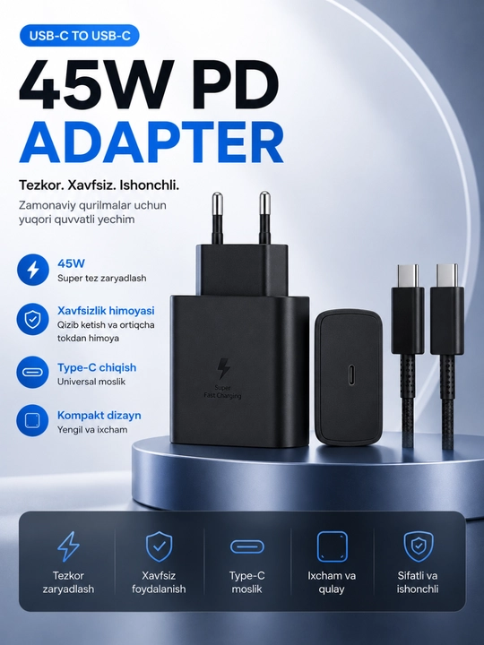 45W PD Tezkor Zaryadlovchi Adapter – USB-C 5A Kabel bilan Fast Charge Komplekti - 