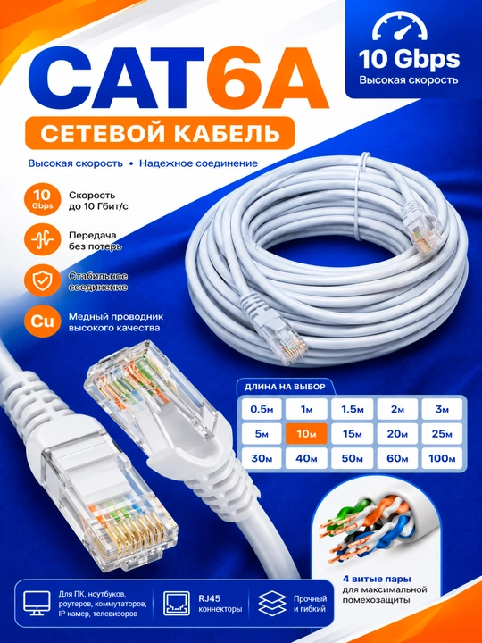 Кабель для интернета Cat.6 интернет-кабель UTP сетевой Ethernet, LAN кабель - 