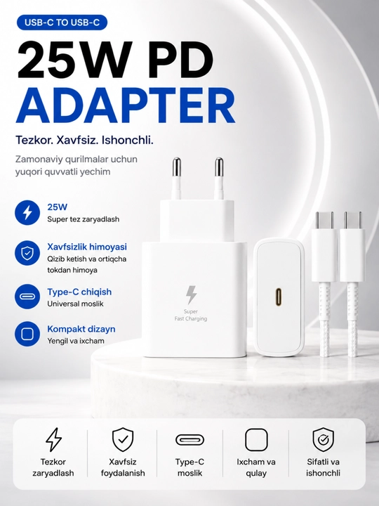 Tez zaryadlash uchun USB-C dan USB-C gacha kabelga ega 25 Vt PD tez zaryadlash qurilmasi - 