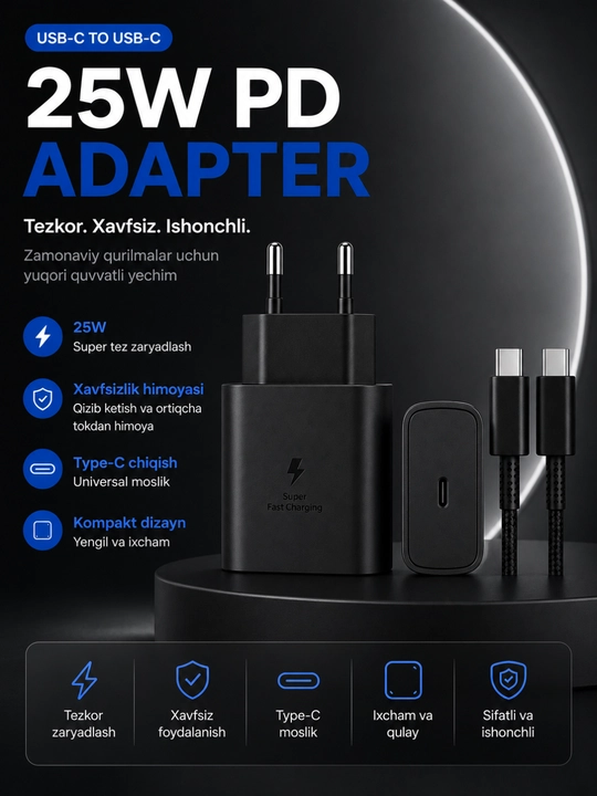 Tez zaryadlash uchun USB-C dan USB-C gacha kabelga ega 25 Vt PD tez zaryadlash qurilmasi - 